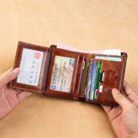 กระเป๋าสตางค์ผู้ชายแบบย้อนยุคบางเฉียบป้องกันการโจรกรรม RFID ที่ใส่นามบัตรและบัตรเครดิตกระเป๋าใส่เงินหนังแท้กระเป๋าสตางค์กระเป๋าผู้ชาย