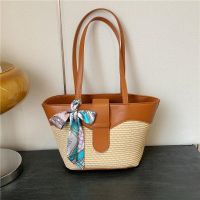 The new fashion straw woven womens bag is versatile simple and large-capacity silk scarf straw woven bucket bag explosive style shoulder bag 〖WYUE〗