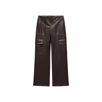 Faux leather cargo trousers dark brown กางเกงคาร์โก้หนังเทียม