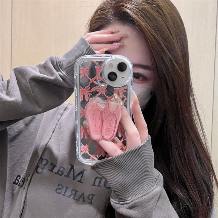 กรณีโทรศัพท์มือถือสีชมพูโบว์สำหรับ-iphone14promax-ผู้ถือรองเท้าบัลเล่ต์เคสโทรศัพท์สำหรับ-iphone13pro-ชุบกระจกโทรศัพท์สำหรับ-iphone12