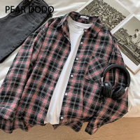 PEAR DODO เสื้อเชิ๊ตลายตารางหลวมลำลองแขนยาวสำหรับผู้หญิงย้อนยุคเกาหลี