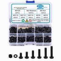 350PCS M3 Black Nylon Plastic Phillips Pan Head Cross Round Screw Bolt Set Machine Screw with Flat Washer Nut Assortment Kit