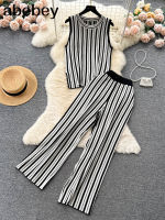 2023 Striple O Neck Spring Summer Women T Shirt Set Sleeveless Knit Loose Casual Two Piece Tracksuit Ladys Pant Suit