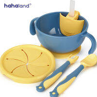 Hahaland Baby Bowls Bendable Baby Spoon Fork Suction Toddler Plates with Lid Straw Non-Slip Baby Anti-Overflow Snack Cup Set