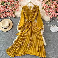 Autumn Women Pleated Midi Dress Vintage RedPurpleGreen Draped Party Vestidos Elegant Casual High Waist Long Sleeve Robe 2021