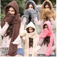 DD Store 3 in 1 Women Winter Warm Fleece Hood Scarf Snood Pocket Hats Gloves