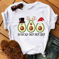 เสื้อยืดผ้าฝ้ายเสื้อยืดผ้าฝ้าย เสื้อยืดคริสต์มาสFunny Avocado Christmas Print Womens Tops Cal Girls Simple Tops Womens Round Neck