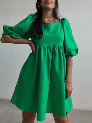 Summer Puff Sleeve Womens Mini Dress Green Elegant Square Neck Pleated Sweet Female Dresses 2022 Lady Streetwear Party Vestidos