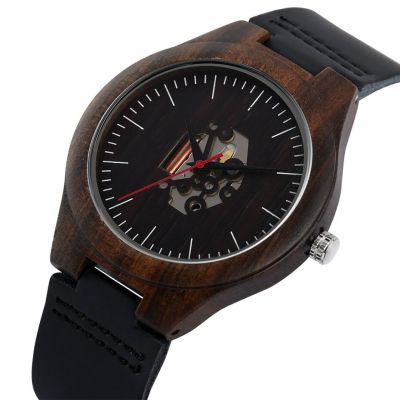 Stylish Black Wooden Watch Hollow Engraving Dial Quartz Mens Watch Genuine Leather Male Wrist Watch Wooden Timepiece Gift 2019