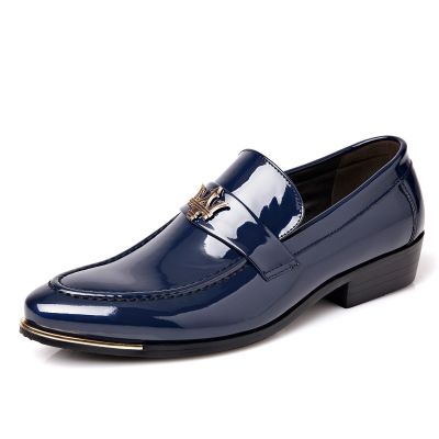 Dress Shoes Slip On Metal Decorated Business Gentleman Party Men Shoes Black Blue Luxury Patent Leather Men Pointed Toe