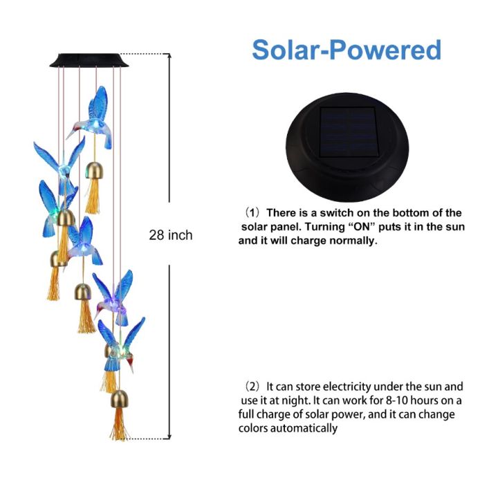 โมบายกระดิ่งลมพลังงานแสงอาทิตย์เปลี่ยนสีได้ระฆังขนาดเล็กสีฟ้าไฟตกแต่งกลางแจ้งกันน้ำนกฮัมมิงเบิร์ดสำหรับลานสวน