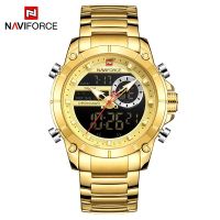 ZZOOI NAVIFORCE Men Military Sport Wrist Watch Gold Quartz Steel Waterproof Dual Display Male Clock Watches Relogio Masculino 9163