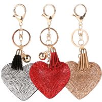 New Love Heart Keychain Women Crystal Rhinestone Beads Key Ring Charms Long Leather Tassel Golden Key Chain Cute Bag Car Pendant