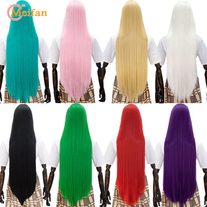 meifan-100เซนติเมตรสังเคราะห์คอสเพลย์อะนิเมะเครื่องแต่งกายวิกผมสีบลอนด์สีฟ้าสีแดงสีชมพูสีม่วงผมสำหรับพรรคยาวตรงคอสเพลย์วิกผมสำหรับผู้หญิง