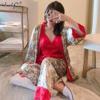 Sexy Women Pajamas Female Autumn winter New Silky Ice Silk Sleepwear Woman Long-Sleeve Three-Piece Pajama Sets