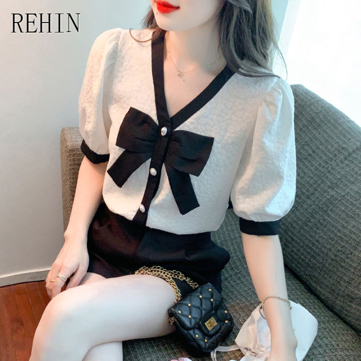 rehin-ผู้หญิงฤดูร้อนใหม่เกาหลีรุ่น-all-match-bow-tie-collar-เย็บ-v-คอเสื้อแขนสั้นแนวโน้มเสื้อ-elegant