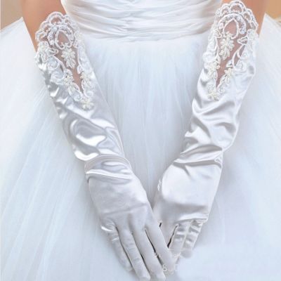 ☒◆ Satin Lace Wedding Gloves 2023 Beaded Fingers Elbow White Bridal Gloves Bride Women Party Formal Gloves