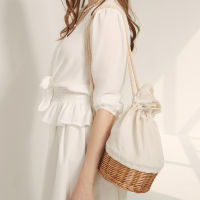 Fashion Backpack Bag Women Rattan Basket Handbags Drawstring Canvas Shoulder Bag Casual Bucket Bags Summer Beach Bags Purses Ins