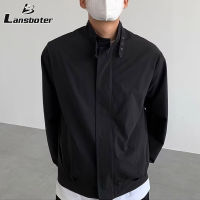 Lansboter เสื้อสเวตเตอร์ถักสำหรับผู้ชาย,คาร์ดิแกนแจ็คเก็ตสีดำเชิ้ตแขนยาวคอปกตั้งเล็กแจ็คเก็ตทรงหลวมเรียบง่ายเสื้อแนวโน้มแฟชั่นสีทึบ