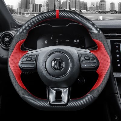 【YF】 Hand Sewing carbon fibre black genuine leather Car Steering Wheel Cover For MG ZS HS GS 2017-2023 5 6 RX5 RX8 EV 2018-2023