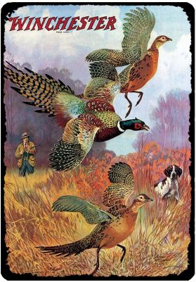 Vintage Metal Tin Sign Pheasants on The Rise Winchester Firearm Hunting Hunter Wall Decor Plaque Signs