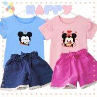 Kids Leisure Suit Set Cartoon Mickey Printed Fungus Sleeves Soft Cotton T-shirt Bow-ties Flower Candy Color Short Pants