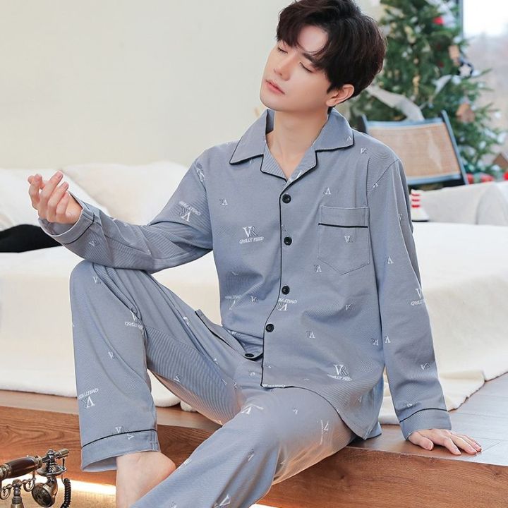muji-high-quality-100-cotton-pajamas-mens-2023-new-spring-and-autumn-mens-long-sleeved-cotton-spring-and-summer-mens-home-clothes-set