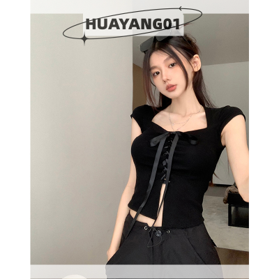 HUAYANG01เสื้อยืดผูกเชือกผูกคอสี่เหลี่ยมเซ็กซี่สำหรับผู้หญิง,เสื้อครอปเสื้อแขนสั้นรัดรูปสีทึบ2023แฟชั่นหน้าร้อน