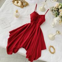 FMFSSOM 2022 Women Sexy Spaghetti Strap Dresses Summer Female V Neck Sleeveless High Waist Dress Ladys Sash Tie Up Dress