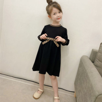 Fendi∮ High-End Girls Long-Sleeved Dress ฤดูใบไม้ผลิและฤดูใบไม้ร่วง French Children S Baby Princess Dress