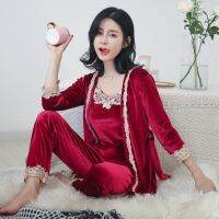 Hotssexy ชุดนอนสตรีฤดูใบไม้ร่วงฤดูหนาวสลิงทองกำมะหยี่แขนยาวสุภาพสตรี Nightgown สูทขนาดใหญ่หน้าแรกสวมชุดสามชิ้น