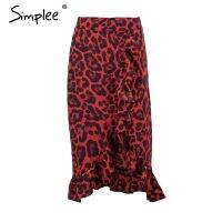 Simplee Sexy leopard midi pencil skirt women Autumn high waist ruffle red girl skirts 2018 Vintage female korean winter skirt