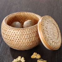 Handmade Bamboo Weave Double Layer Small Mini Storage Basket With Cover Tea Can Food Packaging Box Flower Pot