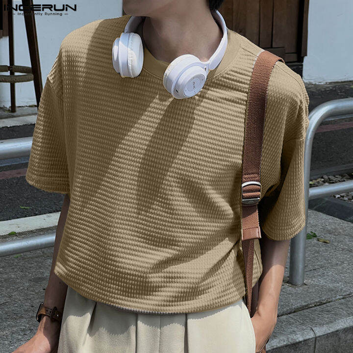 incerun-เสื้อลายตารางผู้ชายแขนสั้นเสื้อยืดเทกเชอร์ลำลองอเนกประสงค์แบบเรียบง่าย-สไตล์เกาหลี
