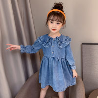 Long Sleeved Dress for Girls Autumn Kids Clothes Preppy Style Double-Layer Collar Girls Denim Dresses 4 6 8 10 12 Years