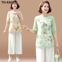 2022 new western-style mother summer suit middle-aged and elderly womens short-sleeved T-shirt middle-aged cotton and linen top two-piece set