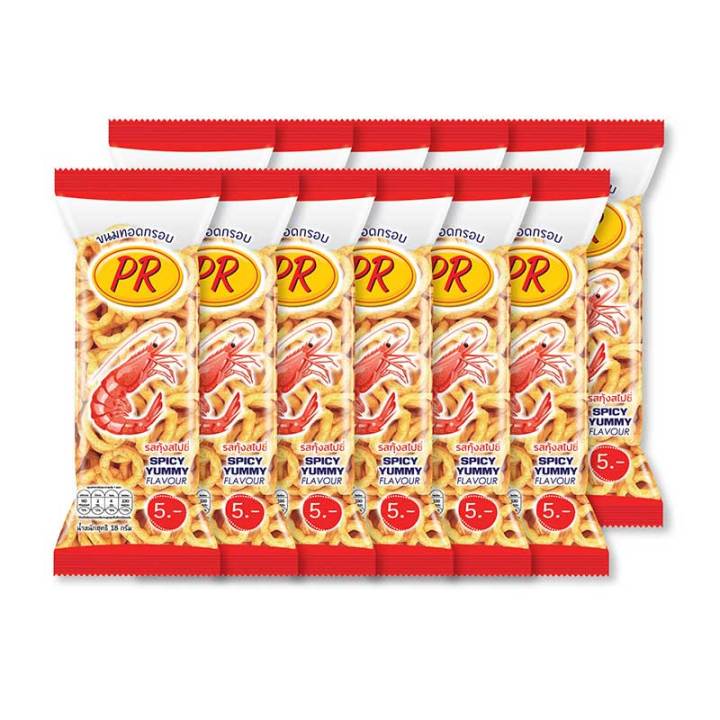 pr-rice-crackers-extrude-shrimp-spicy-yummy-16g-x-12-bags-พีอาร์-ขนมทอดกรอบ-รสกุ้งสไปซี่-16-กรัม-x-12-ซอง