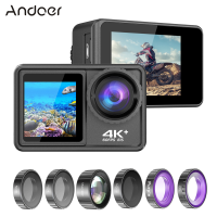 Andoer 4K 24MP Dual Screen กล้องกีฬา DV 2.0นิ้วหน้าจอ170 ° กว้างมุม EIS 40M กันน้ำ WiFi Macro CPL ND4 8 16เลนส์สีม่วงสำหรับกีฬากลางแจ้ง