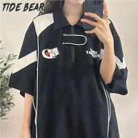 TIDE BEAR เสื้อโปโลแขนสั้นทรงหลวมใส่ได้ทั้งชายและหญิงเสื้อแข่งดีไซน์บล็อกสีสไตล์ภูเขาวินเทจ