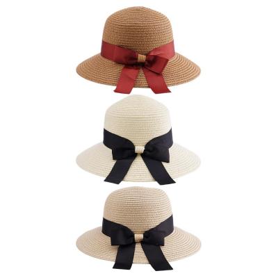 หมวกบังแดดผู้หญิงหมวกชายหาดฤดูร้อนลำลองผู้หญิงผู้หญิงปีกผูกโบว์แบนหมวกฟางเด็กผู้หญิง U1G5