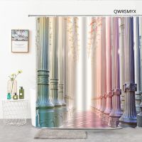 3D Digital Printing Resistant Waterproof Bathroom Shower Curtain Classical Architecture Stone Pillars Shower Curtain Hook Bathroom Curtain Home Background Wall Covering Decor Bathroom Products