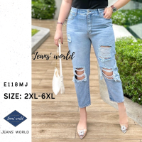 Jeans world: E118MJ [2XL-6XL] กางเกงยีนส์เอวสูง ทรงบอย ขากระบอก แต่งขาด เซอร์ ผ้าไม่ยืด ไซส์ใหญ่ สาวอวบ คนอ้วน