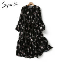 Syiwidii Dress for Women Vintage Floral Print Midi Casual Long Sleeve Spring Summer  Empire Fashion Black Elegant Dresses