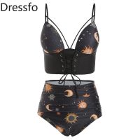 Dressfo Tummy Control Tankini Vintage Bikini Set Swimsuit Sun Moon Print Lace Up Cut Out Summer Beach Bath Swimwear 2023 Women