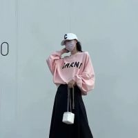 Autumn and Winter New Marniˉ Letter Print Crew Neck Casual Short Sweater Womens Drop Shoulder Loose and Lazy Style Top