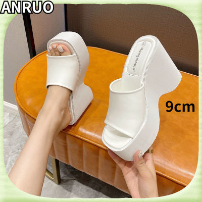 ANRUO thick-bottomed 9cm wedge-heeled womens slippers 2022 summer wear all-match small height-enhancing sponge cake medium-heeled high-heeled one-word sandals and slippers 42 43