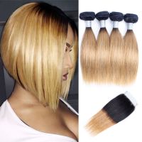 50g/pc Bundle with 4x4 Lace Closure 1B 27 Ombre Honey Blonde Bundles Straight Remy Human Hair Weave Extension MOGUL HAIR Wig  Hair Extensions  Pads