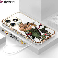 Jizetin สำหรับ Tecno Spark 10 Spark 10C เคสฟรีสายคล้องลายการ์ตูน Zoro ขอบสี่เหลี่ยมชุบเคสโทรศัพท์หรูหราชุบเคสโทรศัพท์นิ่ม