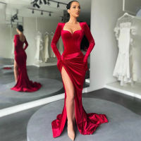 Fashions Outfits Red Mermaid Prom Dresses Full Sleeves Sweetheart Evening Gowns Side Split Vestidos De Cóc Robe De Soiree