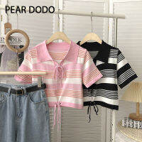 เสื้อยืดลายทางแขนสั้นคอโปโลสไตล์เกาหลีสำหรับผู้หญิง PEAR DODO